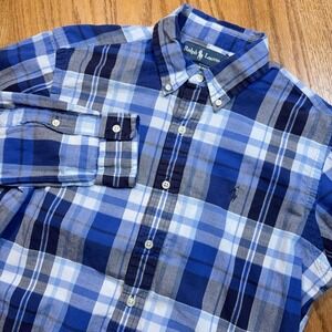 Polo Ralph Lauren Shirt Men's Medium Custom Fit Blue Plaid Button Down